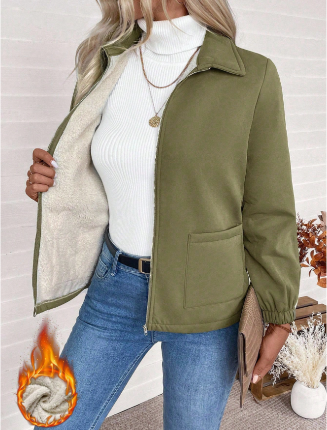 Casual Solid Color Zipper Fleece Jacket, Autumn Winter Green - Shop at LoveMi