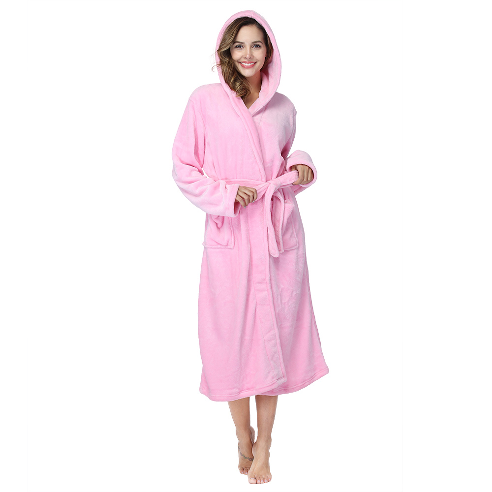 RONGTAI Womens Long Robes Plush Fleece Nightgown Thick Hooded Bathrobe With Pockets Fluffy Sleepwear For Men - Image 1