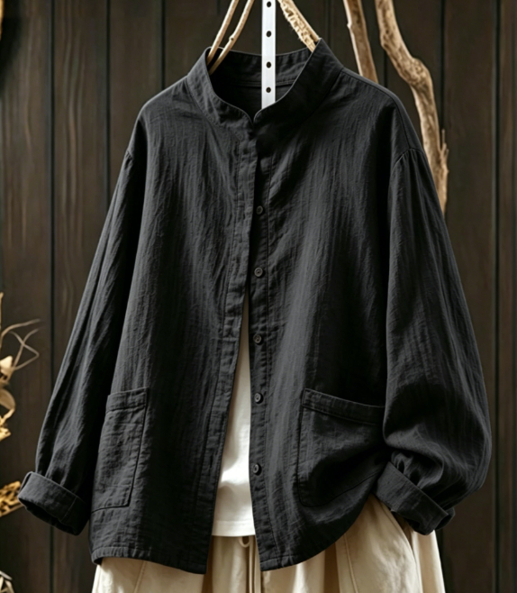 New Chinese Style Stand Up Collar Pleated Cotton Linen Long Sleeved Cardigan Shirt