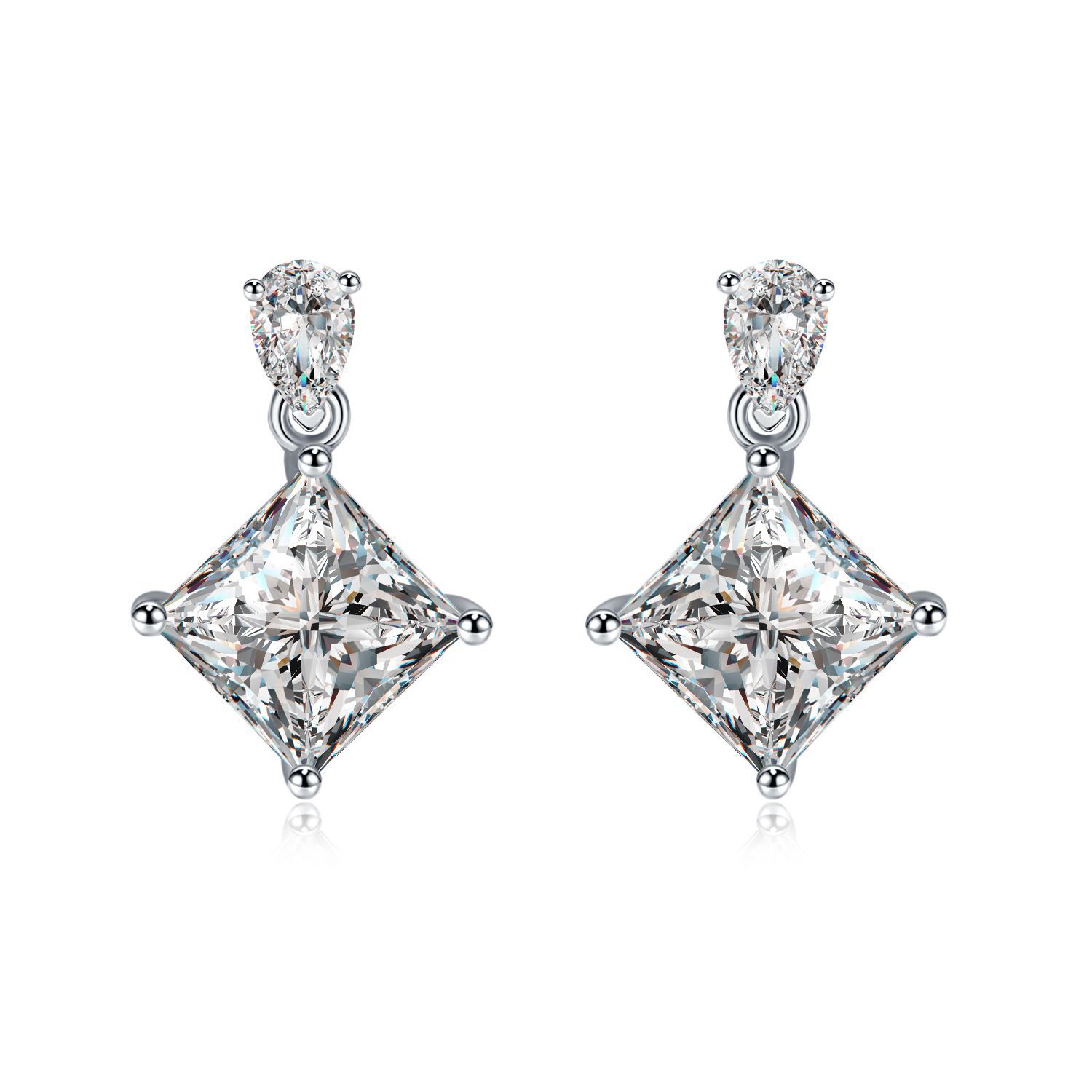 S925 Sterling Silver Princess Cut Drop Earrings, 1ct D-VVS1 Moissanite With Teardrop Top, Platinum Plated 1.7g Jewelry Gift Box