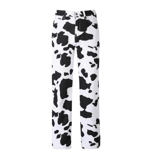 Cow Black And White Printed Jeans Women'S Trousers European And American Style Fashion Straight Leg Pants Black - Shop at LoveMi