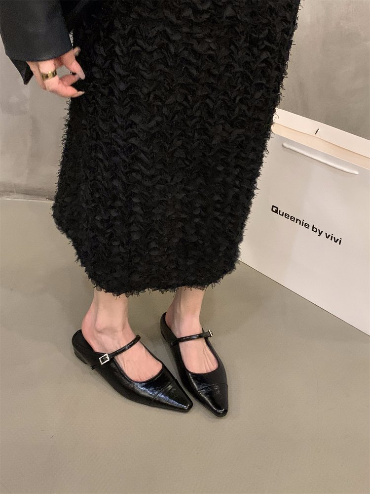 French Retro Slip-On Flats For Women 2026 Spring New Arrival, Pointed Toe Fashion Shoes, Closed Toe Backless Low Heel Sandals