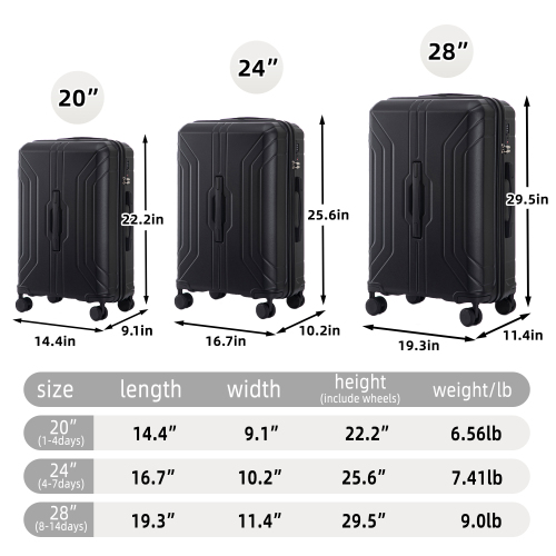 20  24  28  3 Pcs  Set In ABS Spinner Wheel Luggage, Carry On Suitcase, Matching Color, TSA Combination Lock