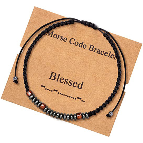 Title 11, Morse Code Bracelet Black Gallstone Wood Beads