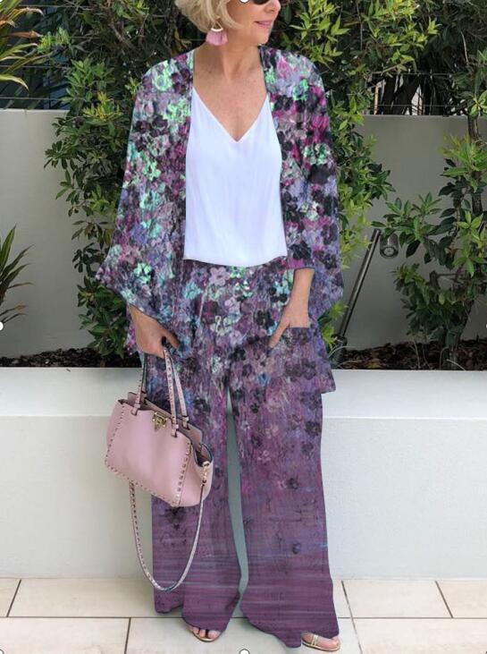 Printed Leisure Vacation Style Jacket And Pants Suit