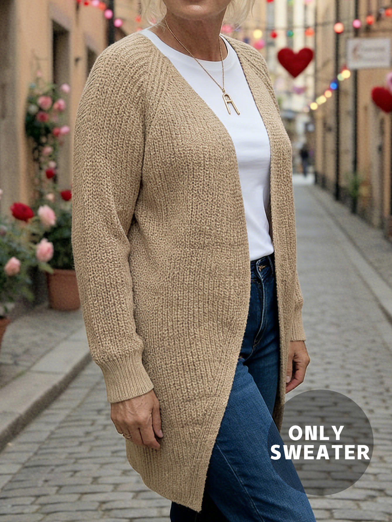 Relaxed Fit Mid Length Knit Cardigan Ladies Long Sleeve Open Front Versatile Outer Sweater