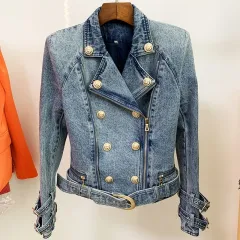 New Locomotive Denim Jacket With Double Row Metal Buckle Washed Denim Jacket - Blue - View 1