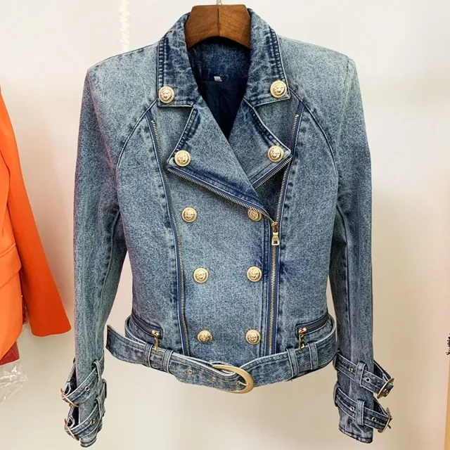 New Locomotive Denim Jacket With Double Row Metal Buckle Washed Denim Jacket Blue - Shop at LoveMi