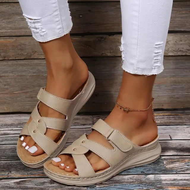 European And Beautiful Car Stitching Casual Lightweight Wedge Heel Platform Buckle Sandals Beige - Shop at LoveMi