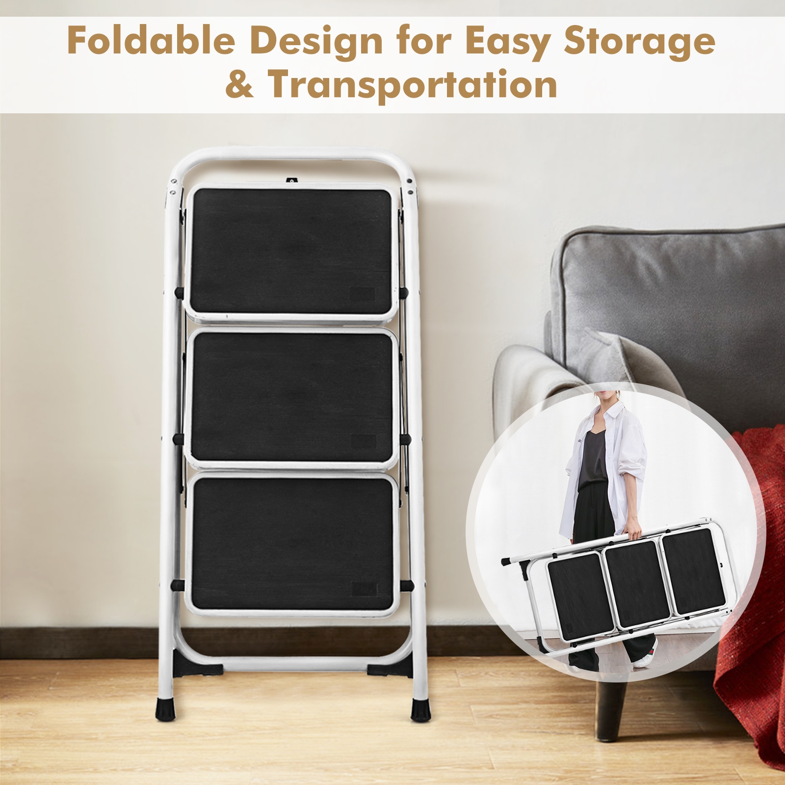 Folding 3-Step Ladder With Handgrip And Anti-Slip Platform — foto 4