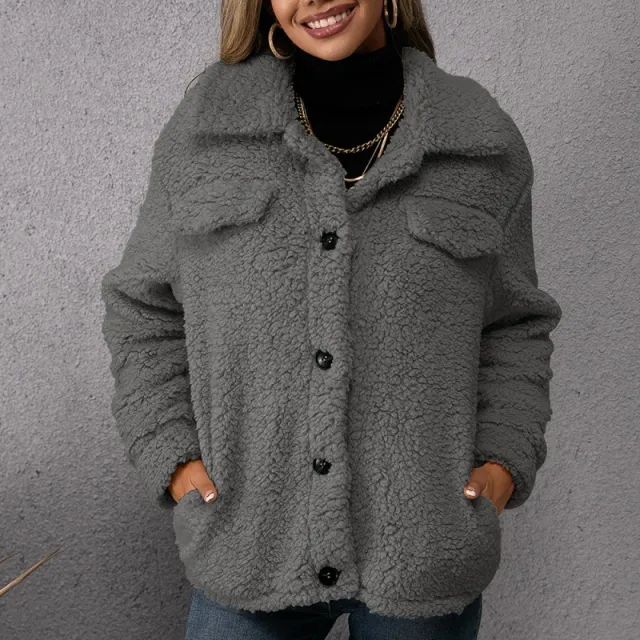 Lapel Single breasted Fleece Coat Winter Warm Button Pocket Short Jacket Top Women Clothing Grey - Shop at LoveMi