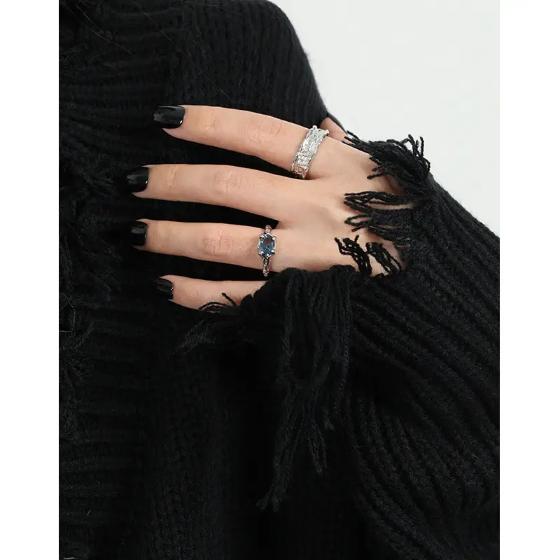 Niche Design Irregular Texture Surface Micro-inset Zircon S925 Sterling Silver Opening Ring