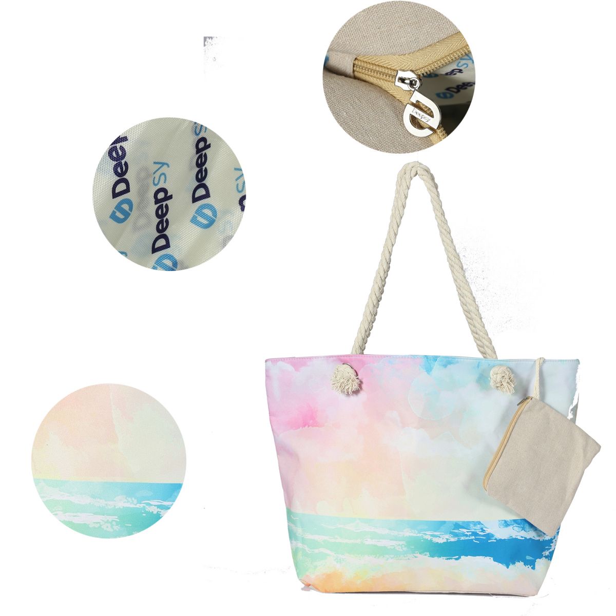 Waterproof Beach Tote Bag for Women. MATERIAL: Unique outer canvas material, inter polyester, hemp rope handle, foldable, easy to clean, waterproof and sandproof, durable and washable. LARGE BEACH BAG: Size 22.83 X 7.87 X 14.96 inch, there is enough space