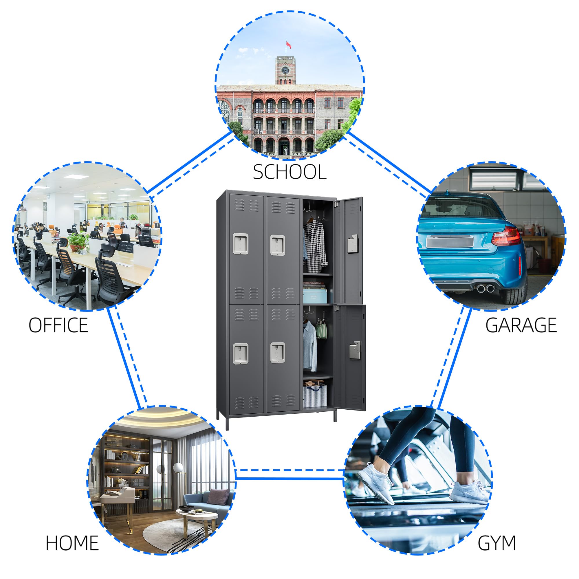 6 Doors Metal Lockers For Employees With Lock, Metal Locker With 18 Hooks For School Garage Office Gym Home,Assembly Required,Dark Grey 4