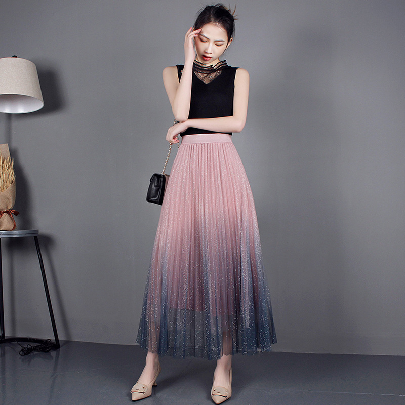 Title 3, High-Waisted Pleated Skirt with Gradient Mesh E...