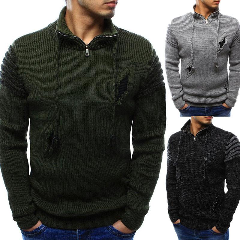 High Neck Zipper Broken Hole Fashion Trendy Sweater
