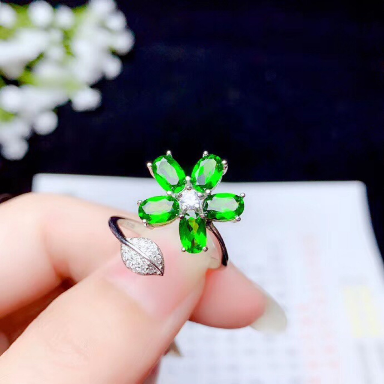 Silver Natural Diopside Ring, Flower Female Ring, Adjustable Mouth