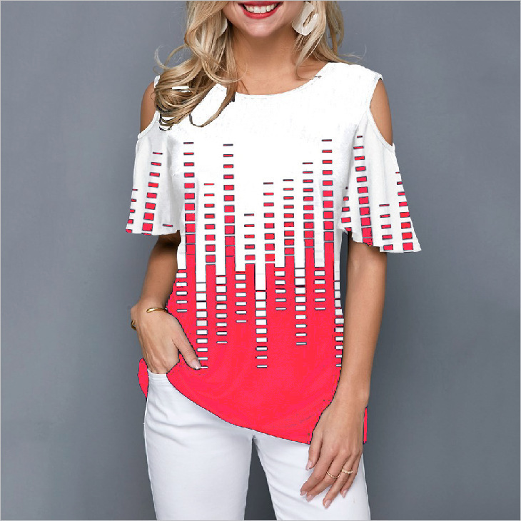 Round Neck Printed Off-shoulder Short-sleeved T-shirt