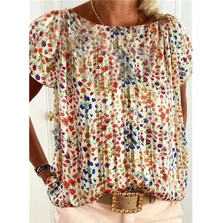 New Printed Pleated V-Neck Short Sleeve Top