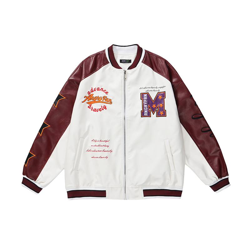 American Letter Embroidery Baseball Uniform PU Leather Jacket Wine - Shop at LoveMi