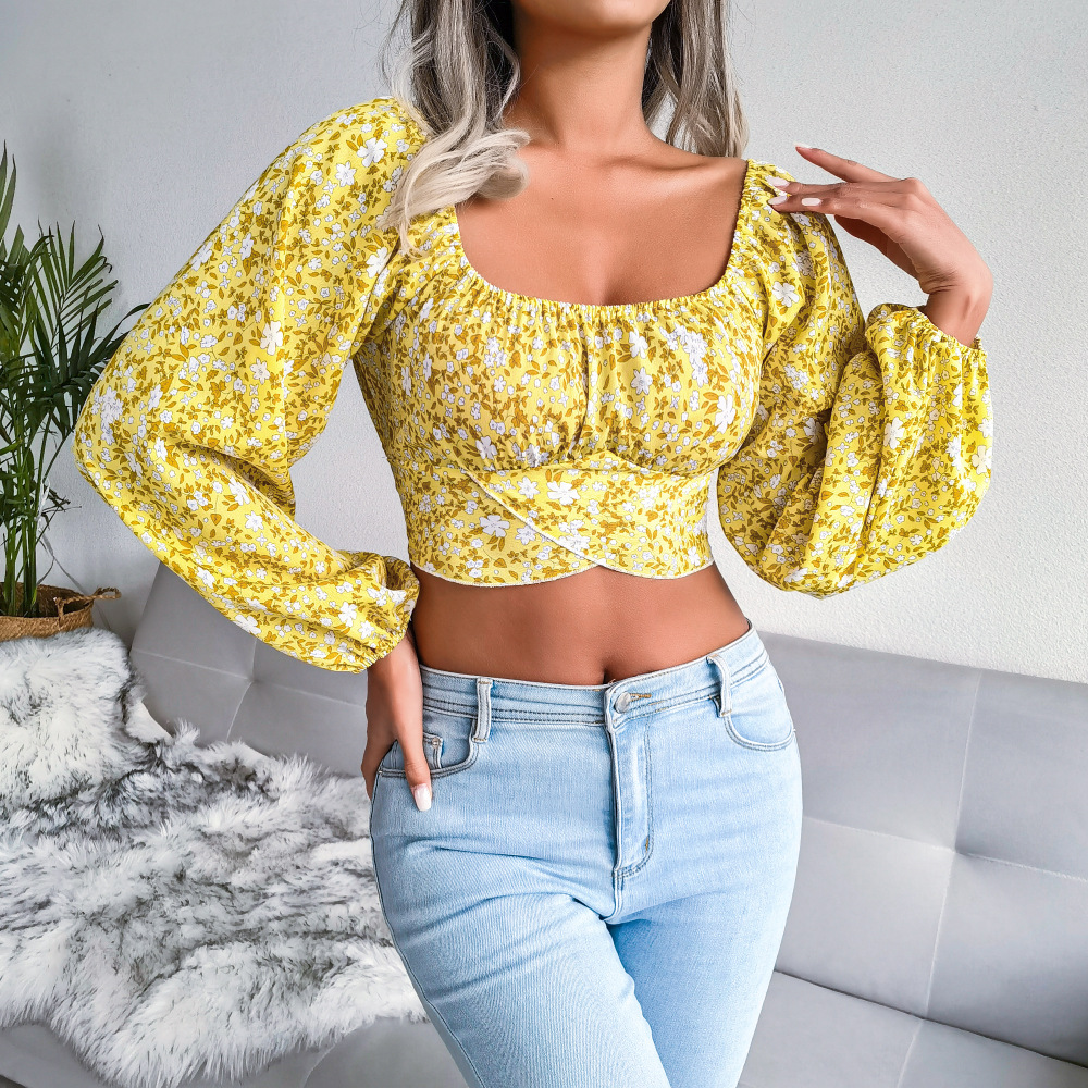 Women  Lantern Sleeve Bow Floral Print Vacation Style Chiffon Crop Top