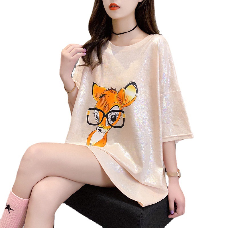 Short-sleeved T-shirt Female Deer Print Shining Mid-length
