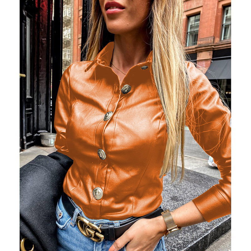 Title 10, Single Breasted Lapel Long Sleeve Leather Top S...