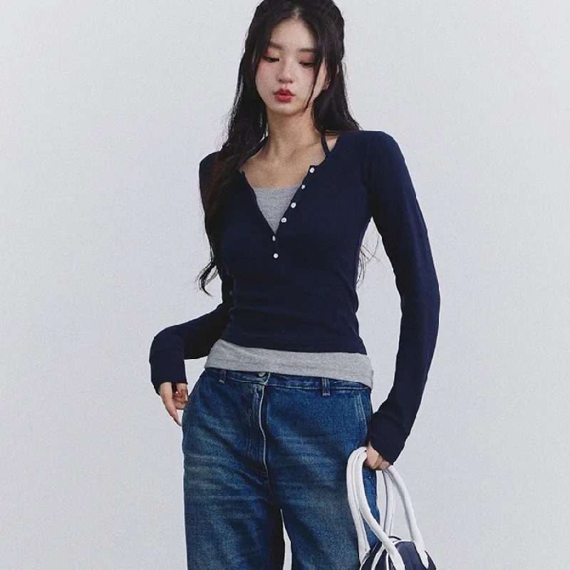 Girls Slim Fit Color Match Fake Two Piece Top - Dark Blue