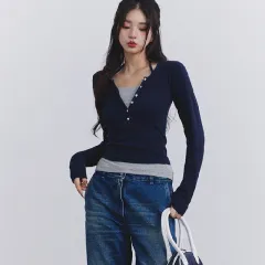 Girls Slim Fit Color Match Fake Two Piece Top - Dark Blue - View 1