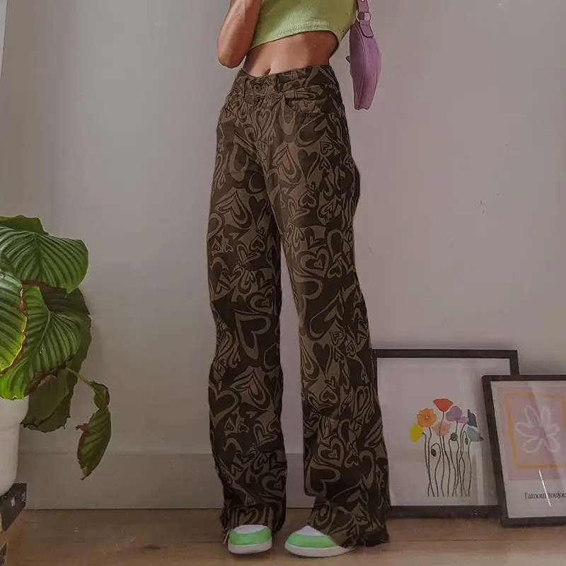 Abstract Love Pattern Contrast Color Trendy Jeans