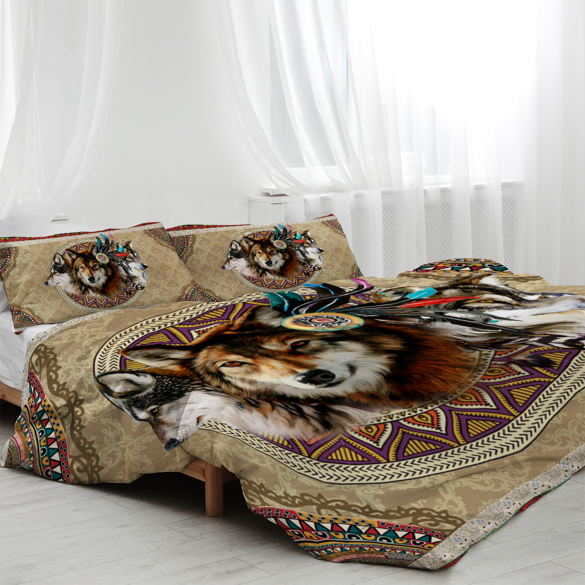 Wolf Duvet Cover Set 3 Pcs Retro Brown Tribal Boho Grid Bedding Comforter For... 3