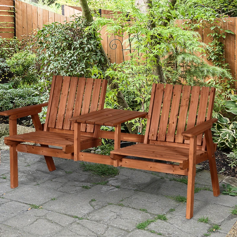 Patio Bench, Garden Bench With Middle Table And Umbrella Hole, Wooden Outdoor Bench For Patio, Porch, Poolside, Balcony, Orange — foto 5