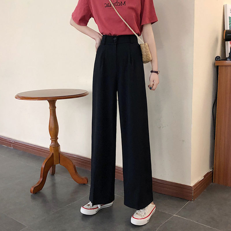 Title 5, Thin High Waist Drape Black Trousers Straight