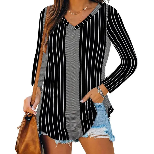 European And American Women's Casual V neck Printed Top Black Vertical Bars - Shop at LoveMi
