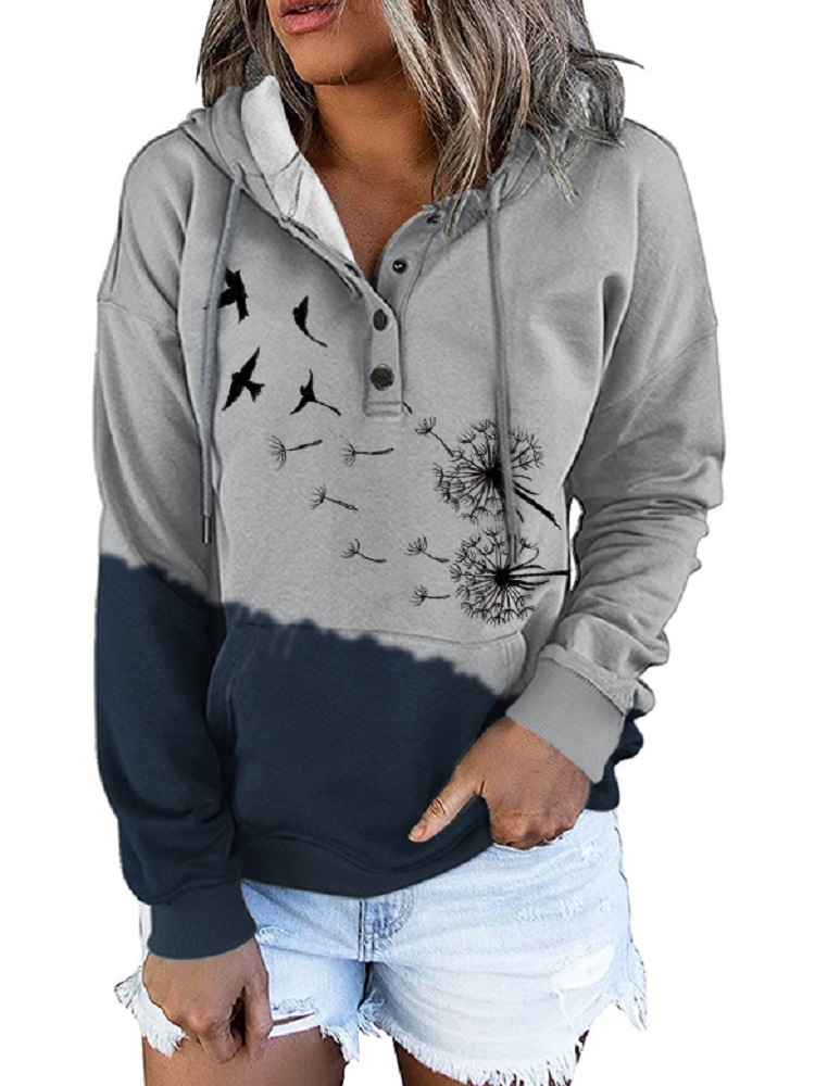 Loose Fashion Printed Long Sleeve Hooded Casual Sweatshirt Dark Blue - Shop at LoveMi