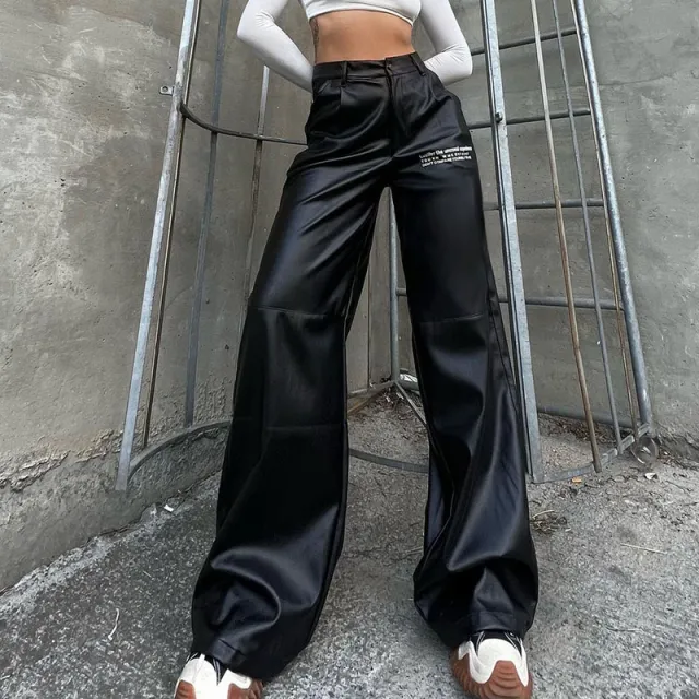 Women's Retro Letter Print Pocket Splicing Casual Leather Pants Black - Shop at LoveMi