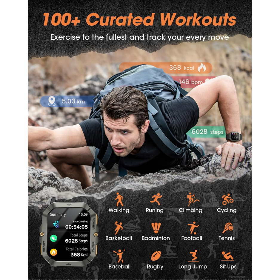 Military Smart Watch For Men, 2.02 Fitness Tracker With Calls & Sports 4