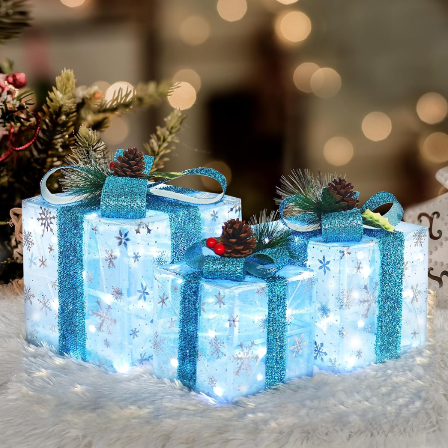 Christmas Set Of 3 Snowflake Lighted Boxes, Blue