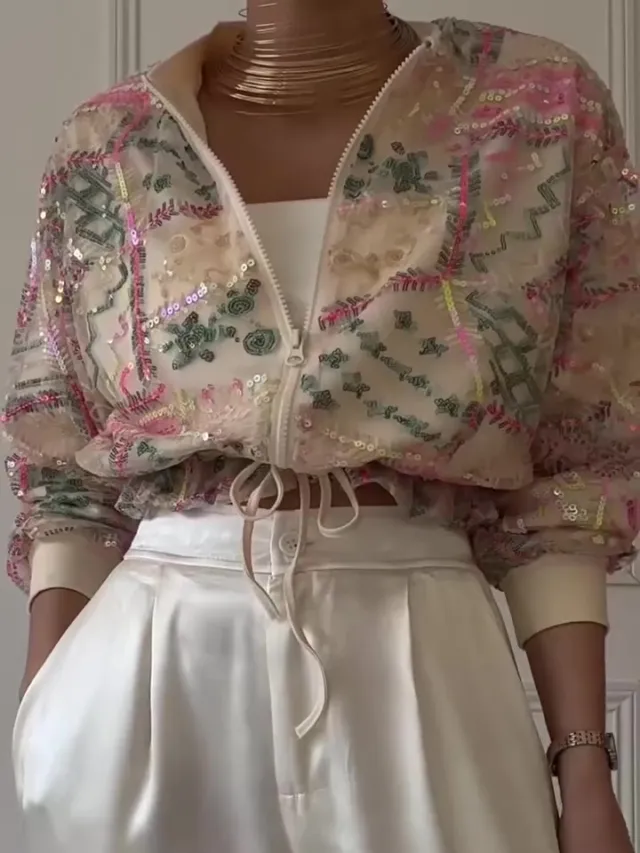 Embroidered Sequin Cropped Bomber Jacket Apricot - Shop at LoveMi