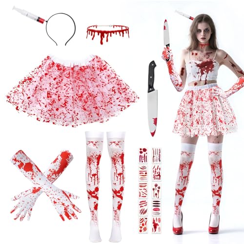16 Pcs Halloween Tutu Skirt Costume Accessories Set, Halloween Party Accessories For Woman Include Tutu Skirt Stocking Gloves Syringe Headband Blood Necklace Tattoo Sticker 2