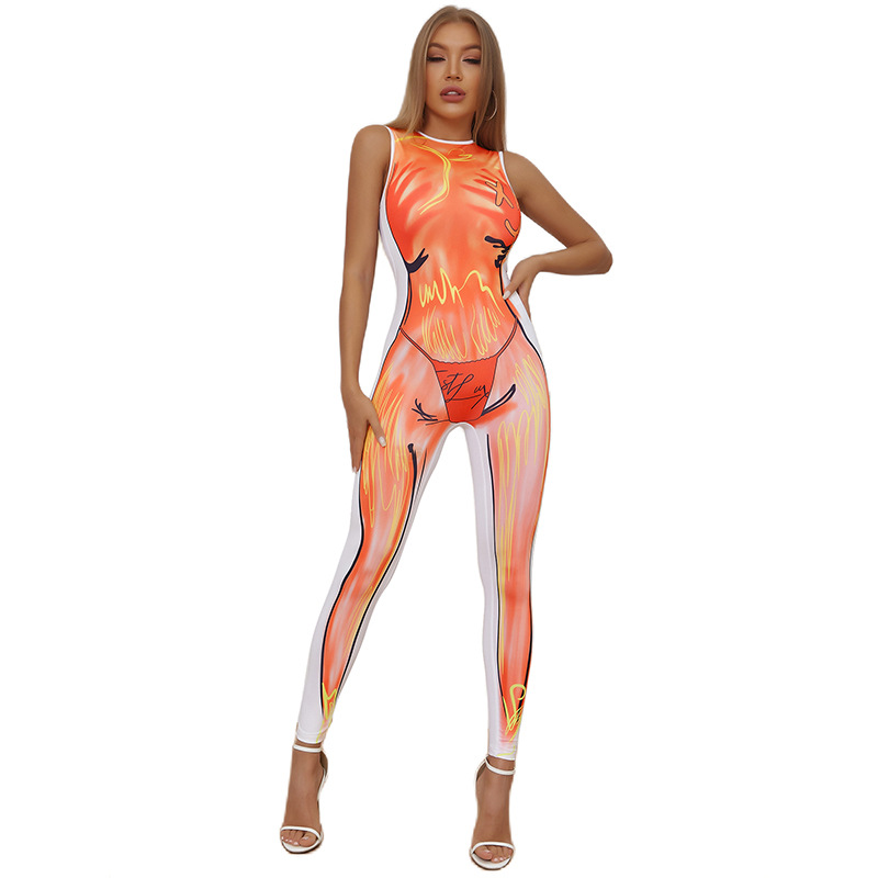 Women’s Casual Print Crew Neck Sleeveless Slim Fit Jumpsuit