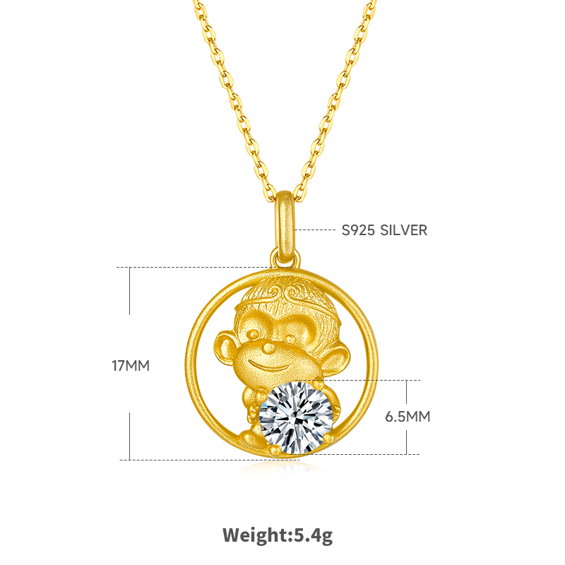 Collier Singe Zodiaque - Argent 925 Plaqué Or, Moissanite 1ct VVS1, Coffret