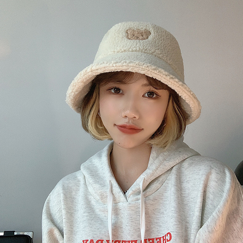 Cute Bear Lamb Hair Fisherman Corduroy Warm Basin Hat