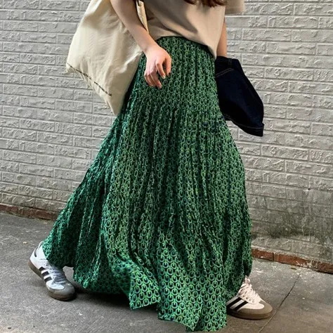 Summer Elastic High Waist Crimp Large Swing Dress Slimming Skirt Green - Shop at LoveMi