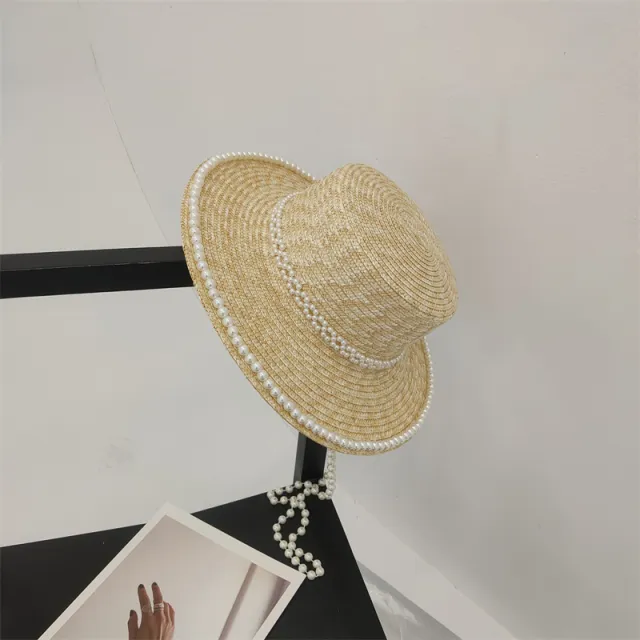 Women's Hand Sewn Pearl Flat Top Straw Hat Single Row Pearl Pearl Chain - Shop at LoveMi