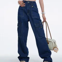 Design Sense American Retro High Waisted Straight Leg Jeans For Women - Blue - View 1