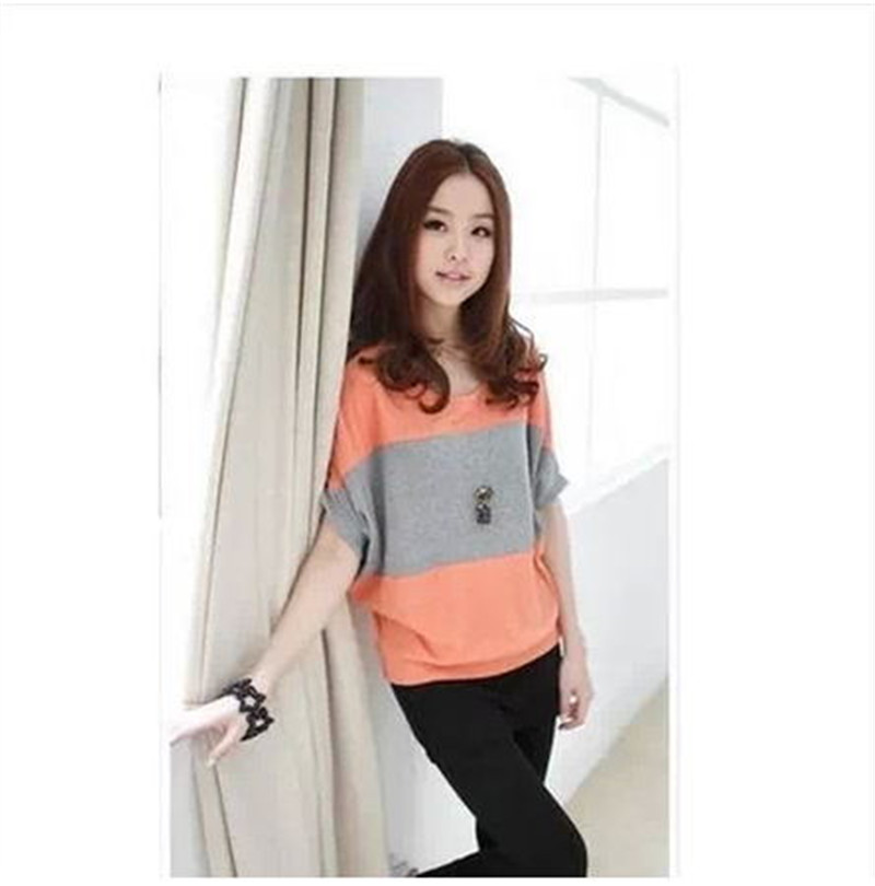 Bat Sleeve Stitching Striped Loose Short Sleeves