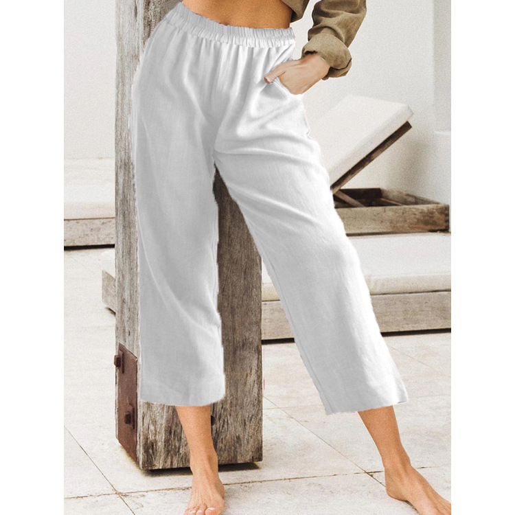 Women's Solid Color Loose Casual Elastic High Waist Cropped Pants White - Shop at LoveMi