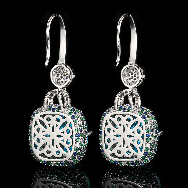 Vintage Light Luxury Dangle Earrings For Women, Cushion Cut Emerald Tone Simulated Zirconia Full Pave Rhinestone Silver Tone Hook Ear Jewelry Elegant Party Accessories — view 6