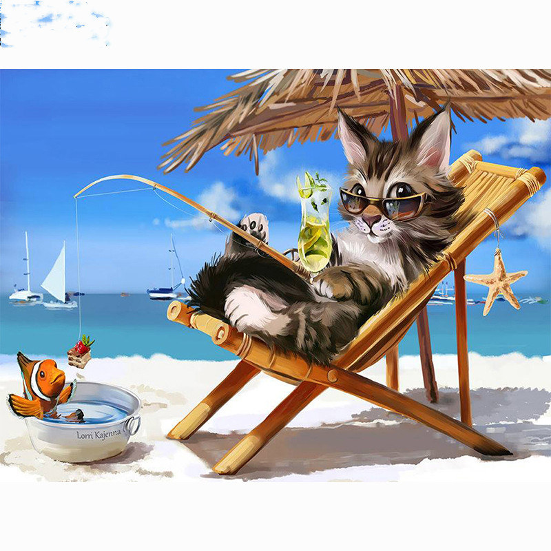 5D DIY Diamond Embroidery Diamond Painting Beach Fishing Cat Cross
